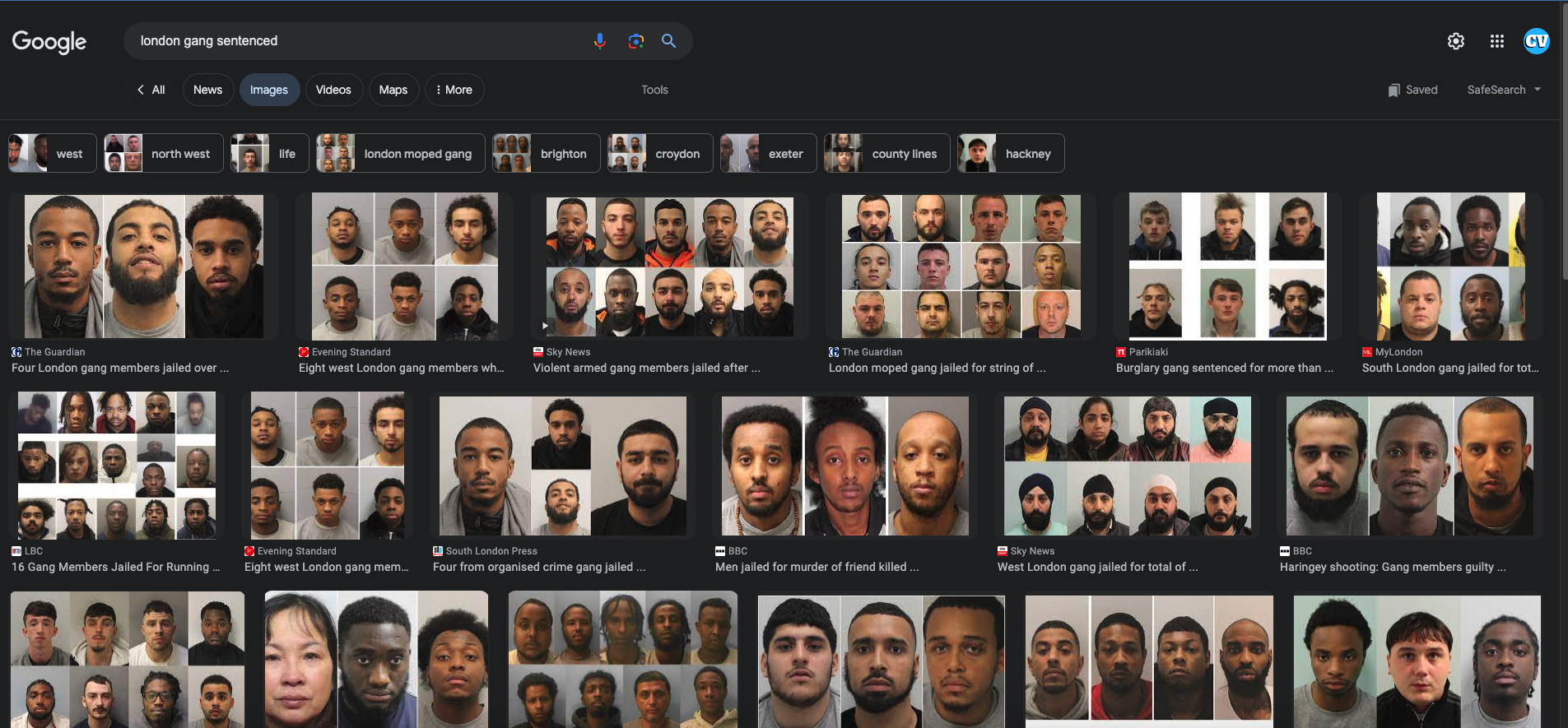 Screen shot of Google search results for gang members sentenced in London