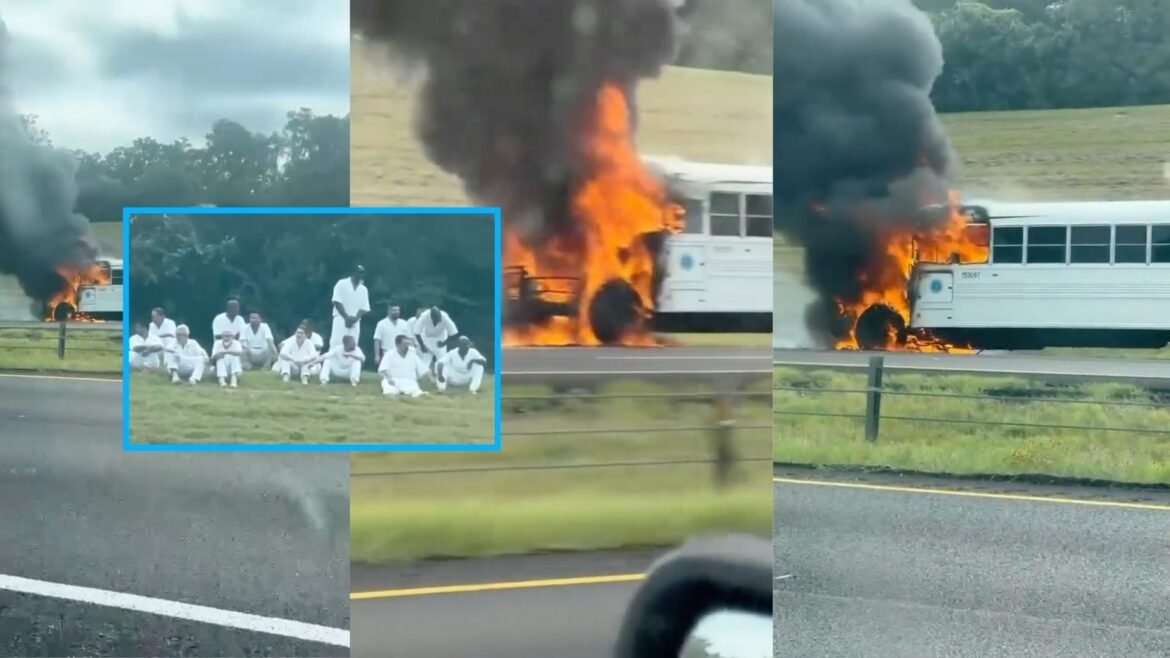 Texan Prison Bus On Fire While Prisoners Sit Watching In Field