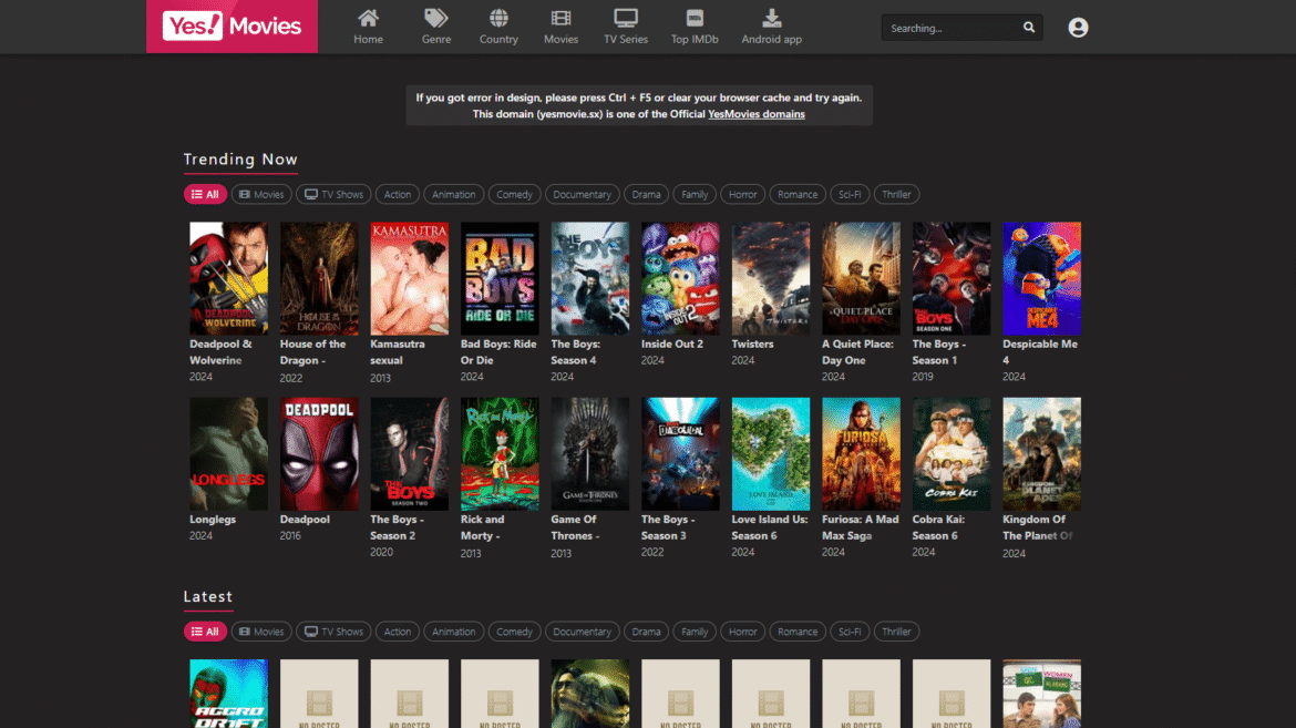 yesmovies home page interface