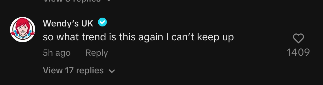Wendys comment on Keira Smallwood tiktok video