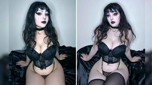 Gothic Ghoulishbats wearing Black Thong and Corset with neck collar and stockings