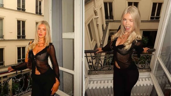 Featured image of Lucy Mae Drewek in Paris wearing a sleek black outfit with blonde blowout hair and soft glam makeup.