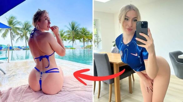 Astrid Wett in a Blue Bikini by the Pool and Astrid Wett in thong and blue shirt