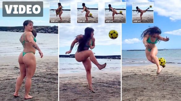 Bulkykrispis playing football on a Canary Islands beach in a green bikini thong in three action shots