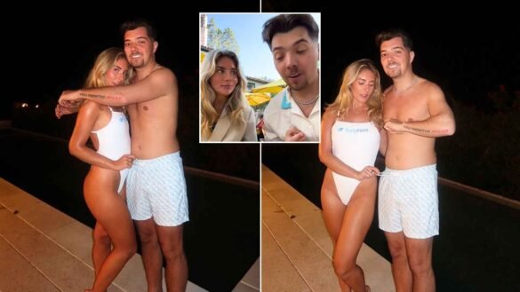 Bonnie Blue in white OnlyFans swimsuit with Beavo poolside at night and at East Los Angeles breakfast