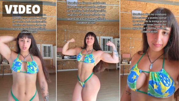Bulkykrispis flexing and posing in blue green and yellow star-print bikini indoors