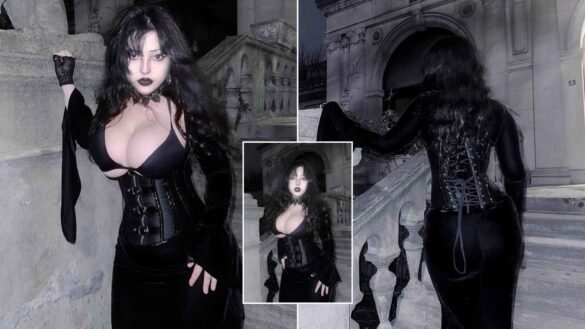 Ghoulishbats in gothic black patent corset and velvet skirt posing outside neoclassical building at night