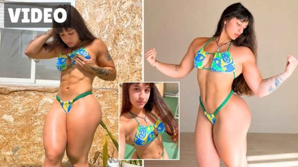 Collage of a muscular woman in a blue, green and yellow printed bikini Caption: Photos and video from the shoot.