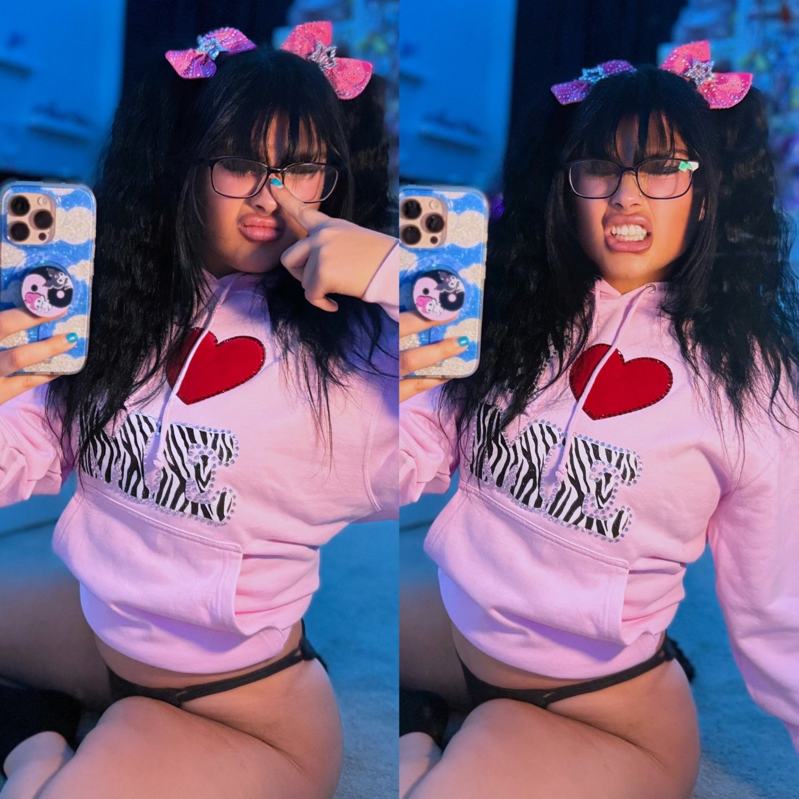 Two side-by-side photos of Lord Len pulling playful faces in glasses and a pink I Love Me hoodie