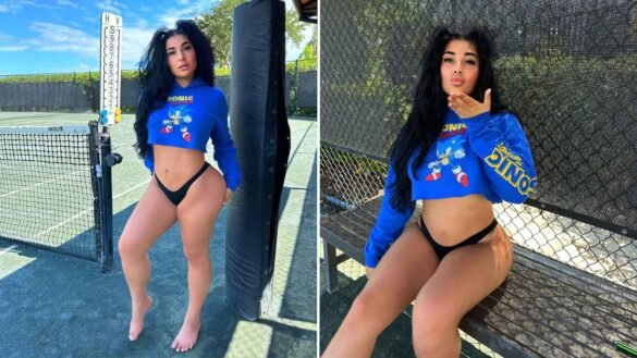 Two photos of Lord Len in a cropped blue Sonic the Hedgehog hoodie and black thong, standing by a tennis net and blowing a kiss on a courtside bench